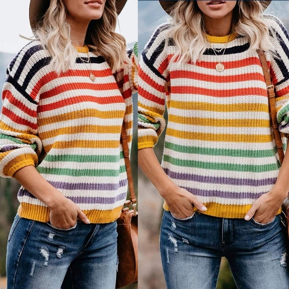 NEW Casual Rainbow Striped Color Block Warm Winter Sweater - Picture 6 of 10
